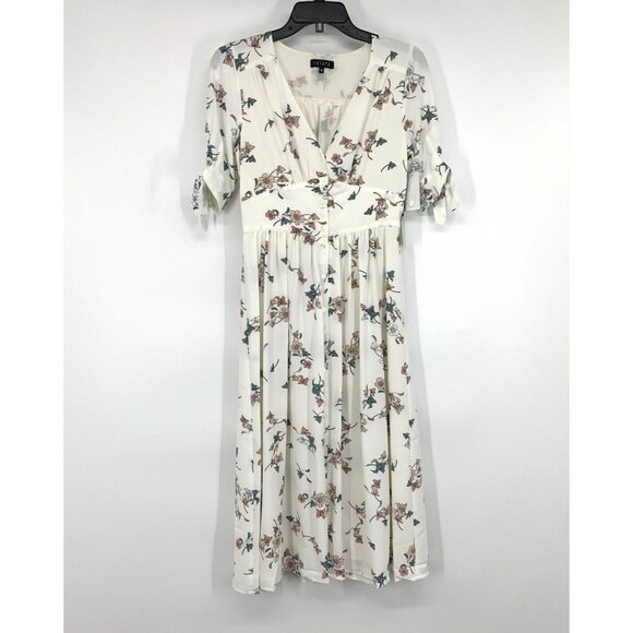 1.State Dress Belle Midi White Floral V Neck Button Down Tie Sleeve NWT - Picture 2 of 11